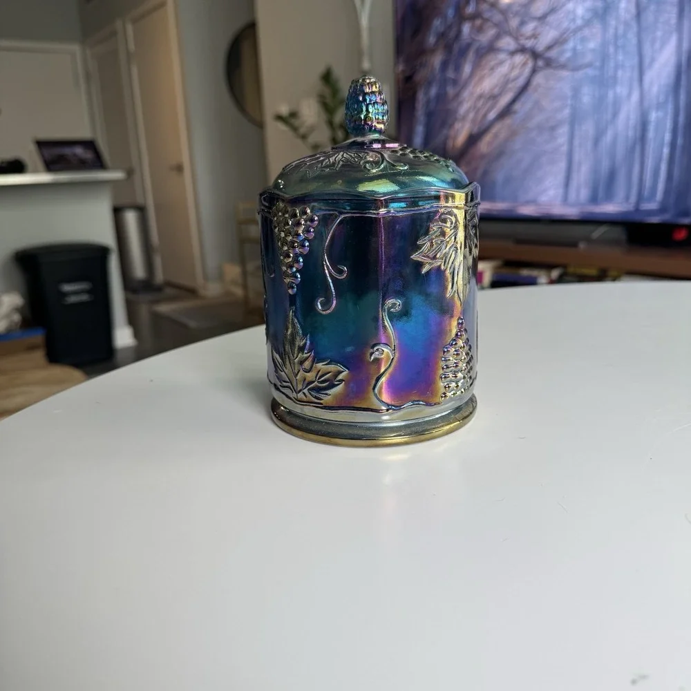 VTG Indiana Blue Grape Harvest Carnival Glass Candy Canister Iridescent W/lid